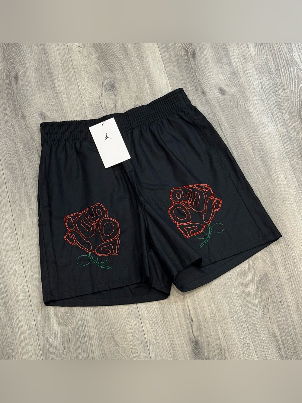 Jordan Black Women's Athletic Shorts with Red Rose Stitching Design